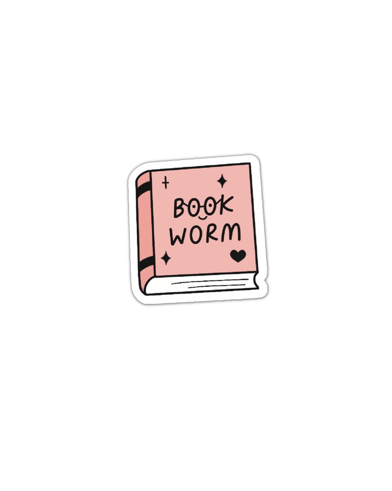 May include: A pink book sticker with the text "BOOK WORM" in black. The sticker has a small heart and two stars on it.