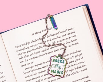 Books are magic glitter enamel bookmark with rainbow chain