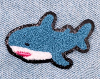Kawaii shark blahaj fuzzy chenille iron-on patch, fuzzy iron-on embroidered patch, cute ikea shark patch for jackets, bags, or overalls