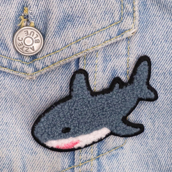 Kawaii shark blahaj fuzzy chenille iron-on patch