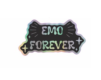 Emo forever holographic vinyl sticker, nostalgic alt kid decal, shiny y2k scenecore sticker for laptop, journal, or water bottle