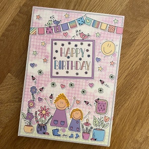 Happy Birthday - große & farbenfrohe Sketchnotes Geburtstags Karte / Postkarte im A5 Format.