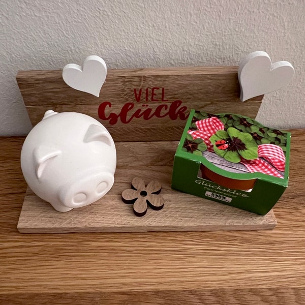 Glücksbringer - Präsent / Deko aus Holz und Resin mit süßem Schweinchen und Glücksklee - handmade with love