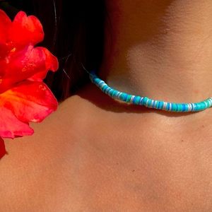 Sea Breeze, Blue Multi Color Disc Bead Necklace, Blue Polymer Necklace, Blue Disc Bead Choker, Blue Heishi Bead Necklace, Beachy Choker,