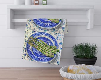 Asparagus on Blue Plate Tea Towel: Colorful Kitchen Decor