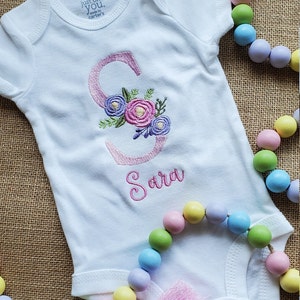 Pretty Pink Floral Monogram, Coming Home, Embroidered, Bodysuit, Girls Shirt, Lavender, Initial, Roses