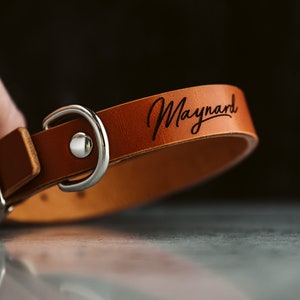 Custom and personalized premium leather engraved dog collar. Minimalist Leather Dog Collar. Size: Small, fits 9&#39;-11&quot; neck sizes.