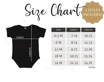 Rabbit Skins 4400 Size Chart - Infant Baby Bodysuit Size Table - Rabbit Skins 4400 Mockup and Size Guide, White background