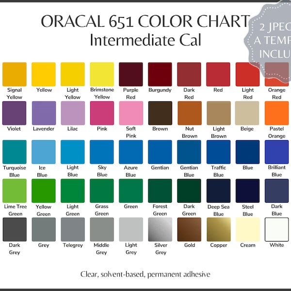 ORACAL 651 Color Chart - Oracle 651 Permanent Vinyl Color Guide, 2 ready to use JPG's + fully editable Canva template, All Colors