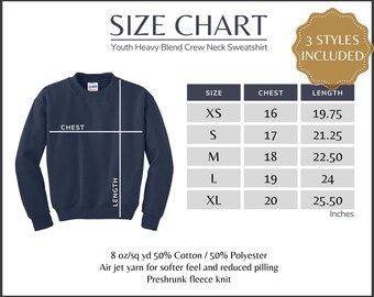 Gildan 18000B Size Chart, Gildan G180B Youth Sweatshirt Size Guide, Gildan 18000B Mockup and size table