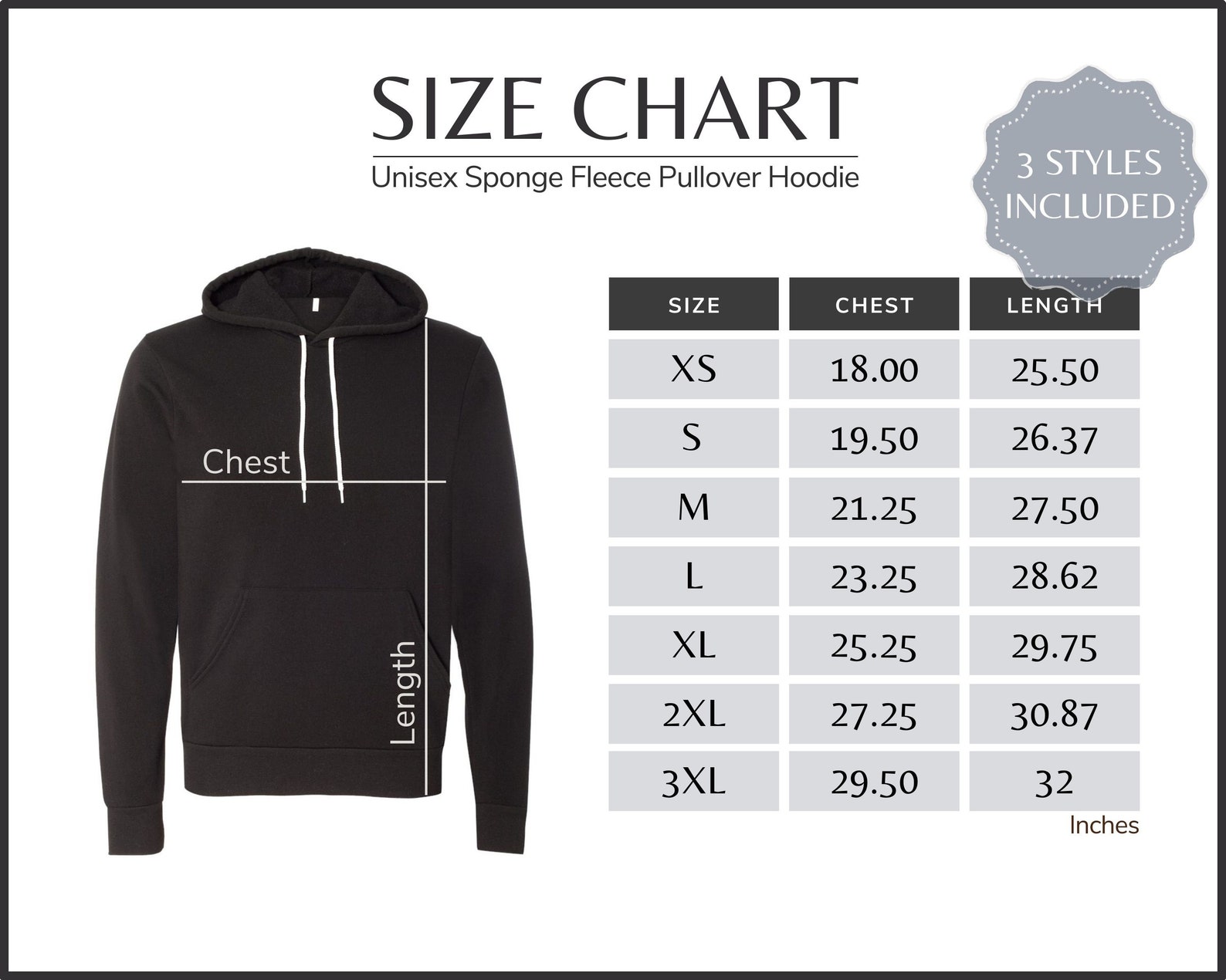 Bella Canvas 3719 Size Chart 3719 Unisex Sponge Hoodie Size Table Bella ...