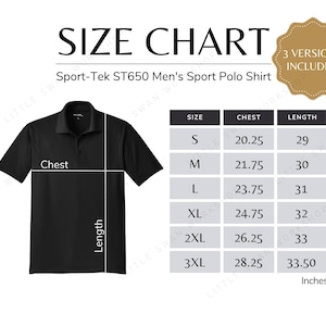 Sport-Tek ST650 Size Chart, Men&#39;s Sport Polo Shirt Sizing Table