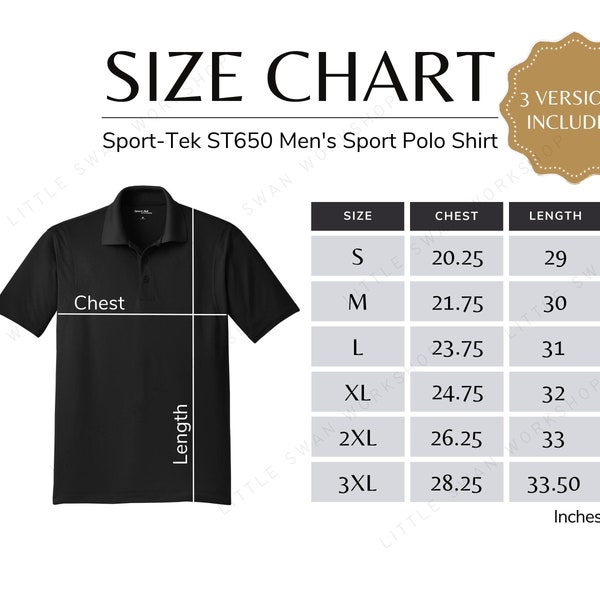 Sport-Tek ST650 Size Chart, Men's Sport Polo Shirt Sizing Table