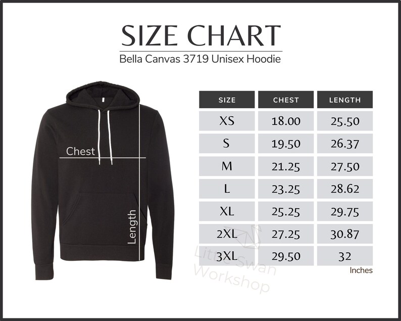 Bella Canvas 3719 Size Chart 3719 Unisex Sponge Hoodie Size Table Bella ...