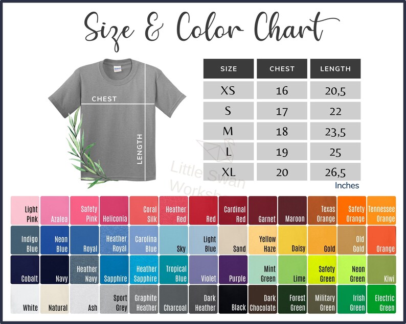 Gildan 5000B Color Chart Gildan G500B Youth T-shirt Size and - Etsy