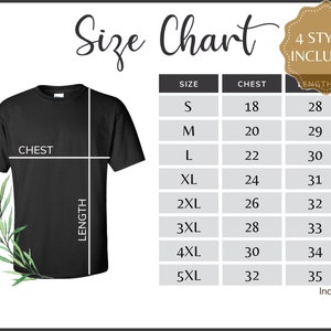 Gildan 2000 Size Chart - Gildan G200 Size Guide - Gildan 2000 Black Mockup and Size Table, White background