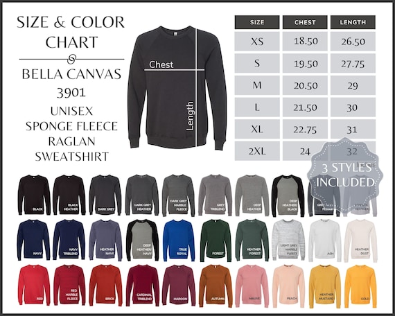 Bella Canvas 3901 Color Chart 3901 Crewneck Sweatshirt Color - Etsy