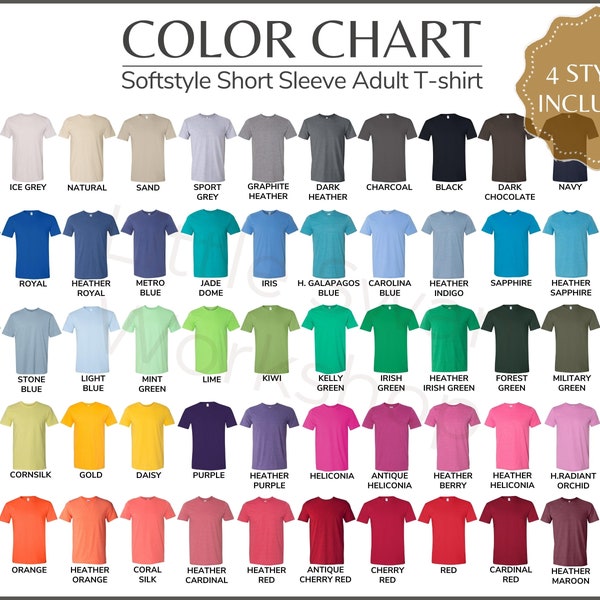 Gildan 64000 Color Chart, G640 Every Color Mockup and color guide, Color Table, Updated All Colors