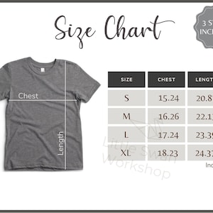 May include: Size chart for a t-shirt with measurements in inches for chest and length. Sizes include S, M, L, and XL.