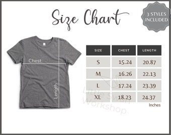 Bella Canvas 3001Y Size Chart - Youth Bella Canvas 3001Y Tee Size Guide - Bella Canvas 3001Y Mockup and Size Table, White background