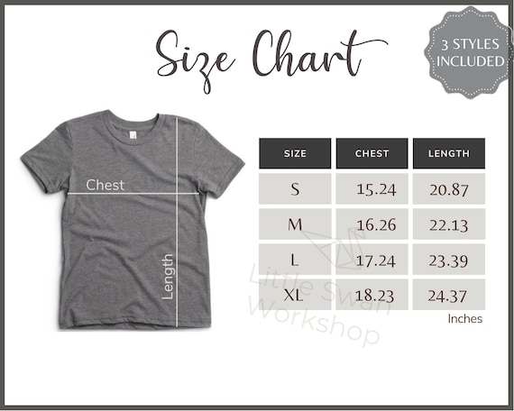 Bella Canvas 3001Y Size Chart - Youth Bella Canvas 3001Y Tee Size Guide - Bella Canvas 3001Y Mockup and Size Table, White background