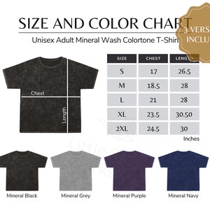 Mineral Wash Colortone Farb- und Größentabelle, 1300 Unisex T-Shirt Größe und Farbtabelle, Farbführer für 1300