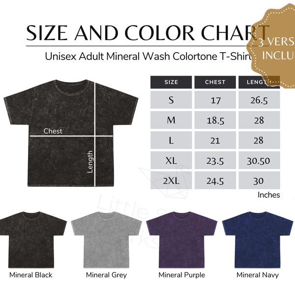 Mineral Wash Colortone Color and Size Chart, 1300 Unisex Tee Size and Color Table, Color Guide for 1300