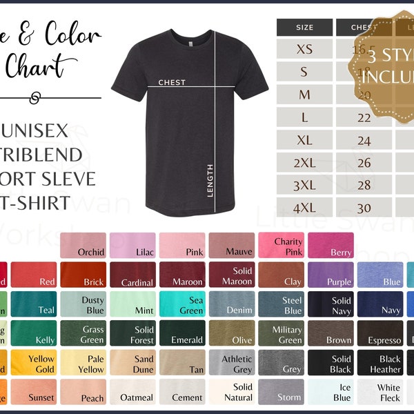 Bella Canvas 3413 Color Chart, 3413 Adult Triblend Size and Color Guide, Triblend Size and Color Table, All Colors