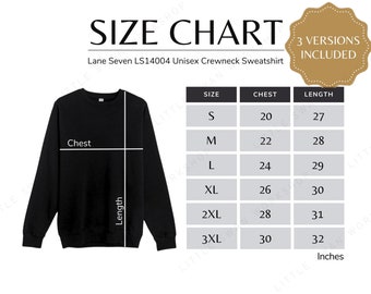 Lane Seven LS14004 Size Chart, Unisex Sweatshirt Size Guide, LS Crewneck Sizing Table