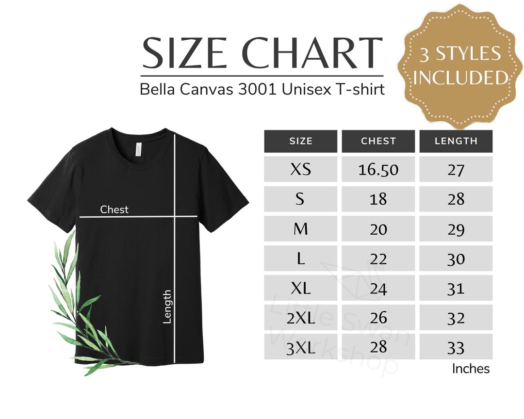 Bella Canvas 3001 Size Chart, BC Unisex Tee Sizing Guide, 3001 Black ...