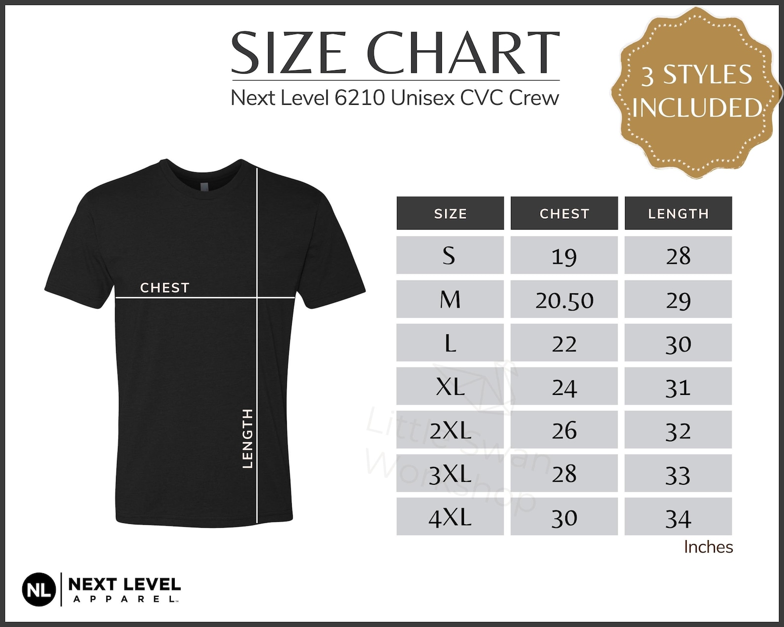 Next Level 6210 Size Chart, NL Unisex Crew Size Table, Size Guide