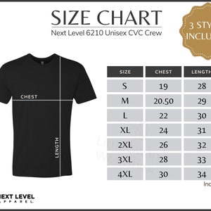 Next Level 6210 Size Chart, NL Unisex Crew Size Table,  Size Guide, White background