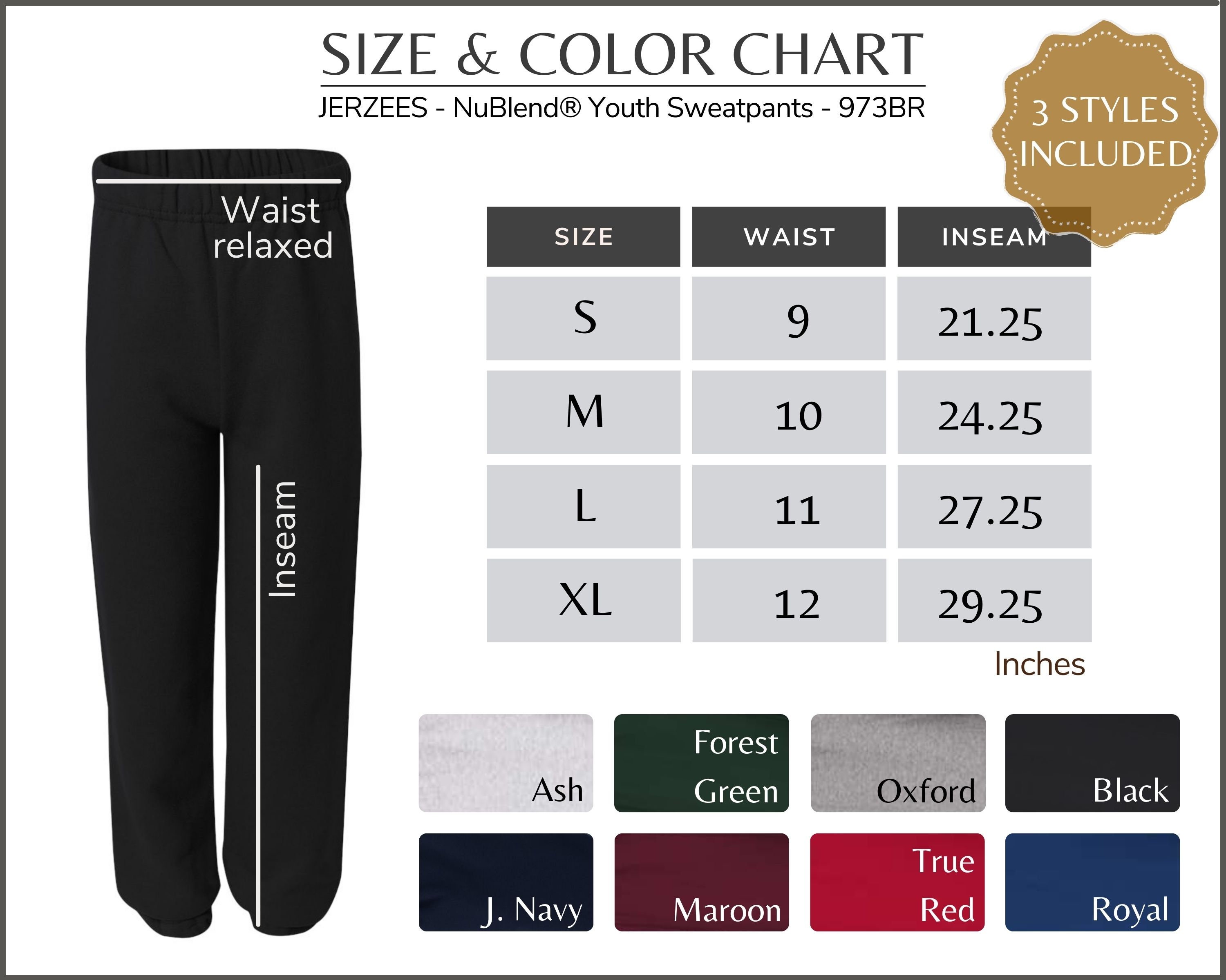 Jerzees 973BR Size Chart Jerzees 973BR Youth Sweatpants | Etsy