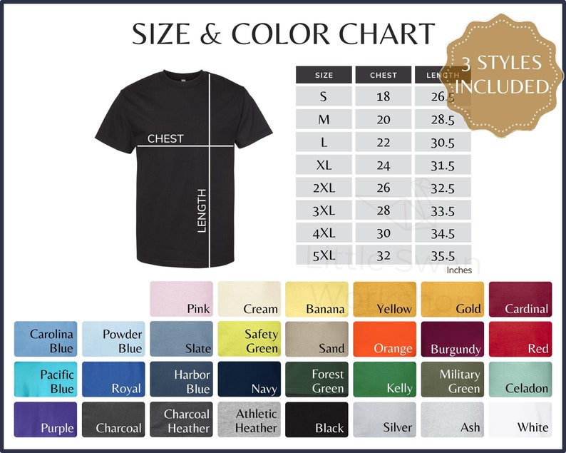 Alstyle 1301 Color Chart Alstyle 1301 Classic T-shirt Size - Etsy