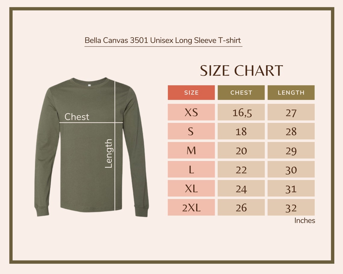 Bella Canvas 3501 Size Chart Unisex Bella Canvas 3501 Long | Etsy