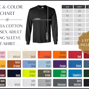 Tabella colori Gildan 2400 - Guida alle taglie e ai colori della maglietta a maniche lunghe Gildan G240 - Tabella colori e taglie G2400 - Tutti i colori