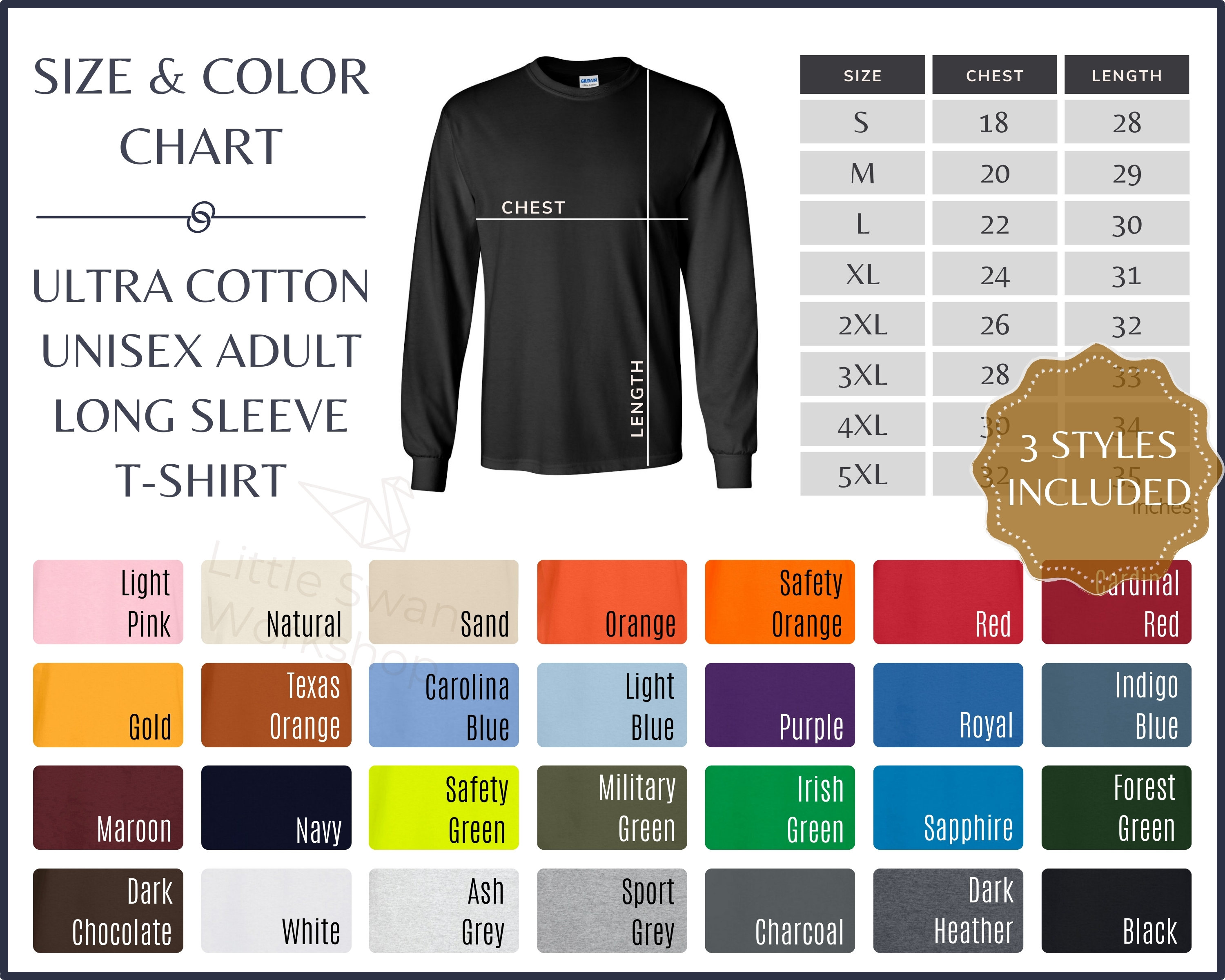 Gildan 2400 Color Chart Gildan G240 Long Sleeve Tshirt Size Etsy