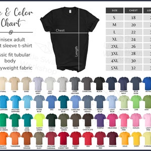 Gildan 2000 Color Chart, Gildan G200 Color and Size Guide, Gildan 2000 ...