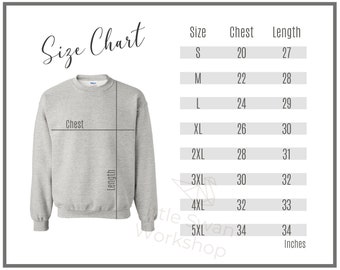 Gildan 18000 Size Chart - Gildan G180 Sweatshirt Size Guide- Gildan Mockup and size chart - White background Gildan 18000 Size Table