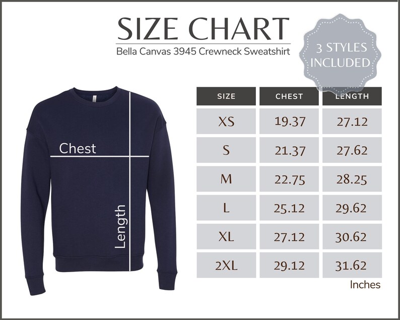 Bella Canvas 3945 Size Chart 3945 Crewneck Sweatshirt Size Table Bella ...