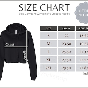 Bella Canvas 7502 Size Chart - 7502 Women&#39;s Cropped Fleece Hoodie Size Table - Bella Canvas 7502 Mockup and Size Guide, White background