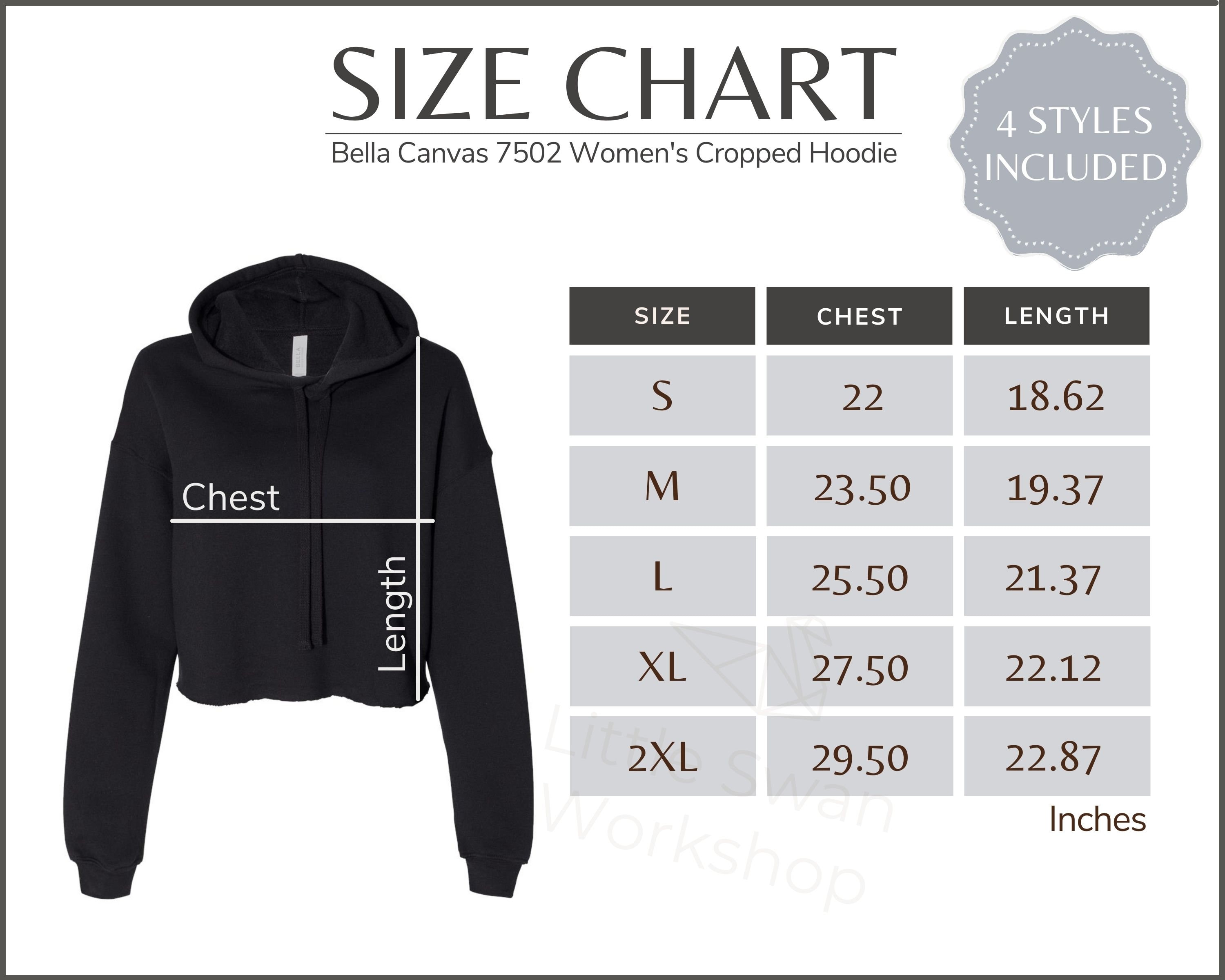 Bella Canvas 7502 Size Chart 7502 Women's Cropped Fleece Hoodie Size Table  Bella Canvas 7502 Mockup and Size Guide, White Background -  Canada