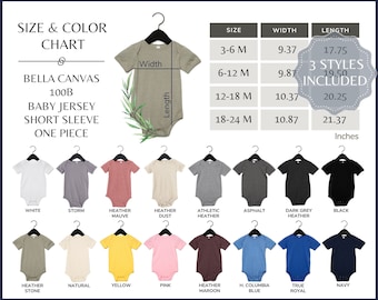 Bella Canvas 100B Color Chart, 100 B Baby One Piece Size and Color Guide, 100B Every Color Mockups Color Table, 100B Onsie All Colors