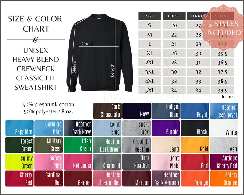 May include: A size chart for a unisex heavy blend crewneck classic fit sweatshirt. The chart shows sizes from S to 5XL with corresponding chest, length, and sleeve measurements in inches. The chart also includes a colour chart with a variety of colours, including sapphire blue, forest green, safety green, cherry red, dark chocolate, navy, indigo blue, royal blue, heather deep royal, carolina blue, heather dark navy, light blue, sport grey, purple, black, white, military green, irish green, heather dark green, graphite heather, sand, gold, ash, safety pink, heliconia, charcoal heather, light pink, red, antique cherry red, cardinal red, garnet, heather scarlet red, maroon, heather dark maroon, orange, and safety orange.