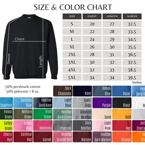 May include: Size and colour chart for a sweatshirt. The chart shows sizes from S to 5XL with corresponding chest, length, and sleeve measurements in inches. The colour chart shows a variety of colours, including sapphire blue, forest green, safety green, cherry red, and more.
