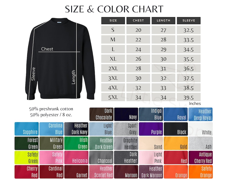 May include: Size and colour chart for a sweatshirt. The chart shows sizes from S to 5XL with corresponding chest, length, and sleeve measurements in inches. The colour chart shows a variety of colours, including sapphire blue, forest green, safety green, cherry red, and more.