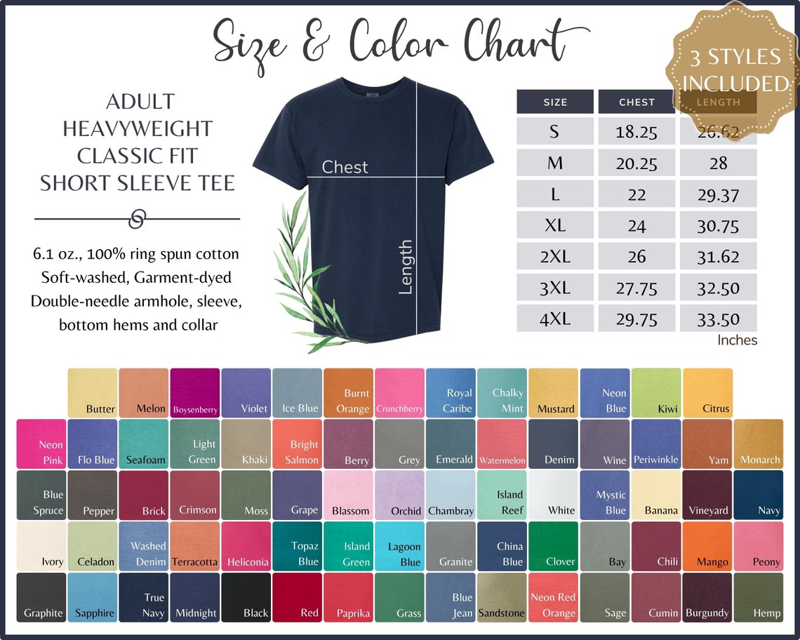 Comfort Colors 1717 Color Chart Comfort Colors 1717 Size and - Etsy