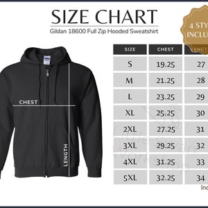 Gildan 18600 Size Chart, Gildan G186 Zipped Sweatshirt Size Table, Hooded Full Zip Size Guide