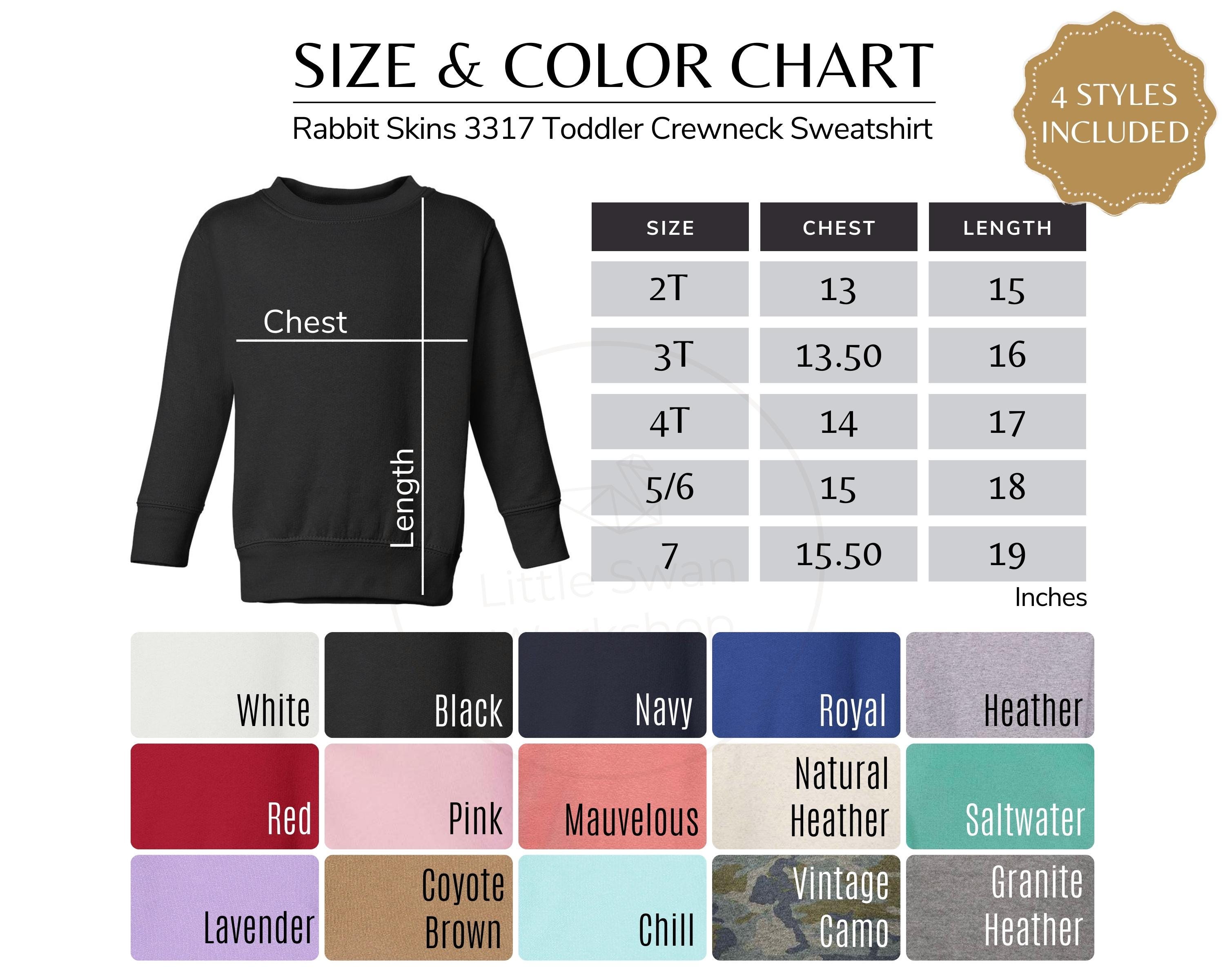 Rabbit Skins 3317 Color and Size Chart, Youth Sweatshirt