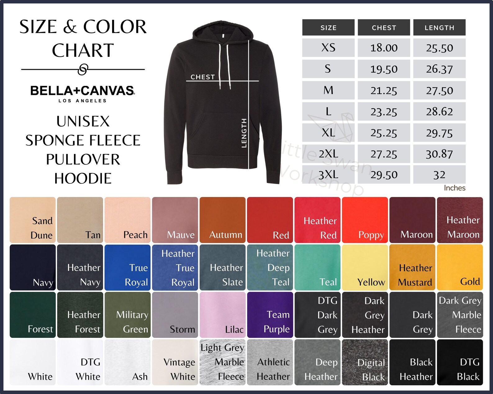 Bella Canvas 3719 Color Chart 3719 Unisex Sponge Hoodie Size - Etsy